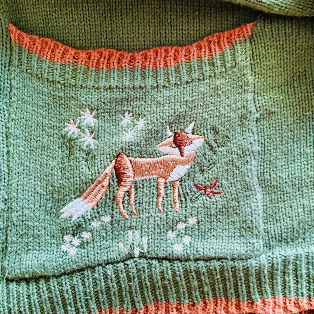 Unbranded Sz L Green and Brown Women's Cardigan with Embroidered Fox Design - Picture 4 of 10